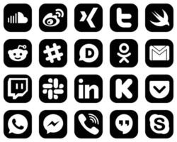 20 iconos simples de medios sociales blancos sobre fondo negro como el correo. gmail. gorjeo. odnoklassniki e íconos de spotify. totalmente personalizable y profesional vector