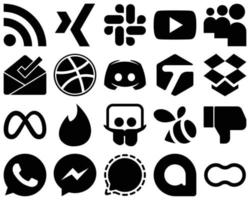 20 High-Resolution Black Solid Glyph Icons such as tinder. meta. dribbble and dropbox icons. Versatile and professional vector