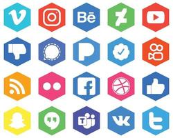 Hexagon Flat Color White Icon Set rss. twitter verified badge. video. pandora and mesenger 20 Unique Icons vector