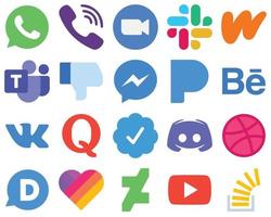 20 iconos de redes sociales planos de interfaz plana fb. Mensajero. iconos de slack y facebook. paquete de iconos de redes sociales degradados vector