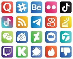 20 íconos modernos de redes sociales como stockoverflow. video. iconos de mensajería y alimentación. llamativo y editable vector