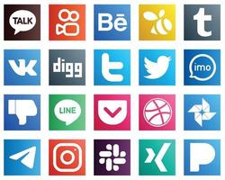 20 íconos populares de redes sociales como dribbble. línea. iconos de tweet y facebook. elegante y de alta resolución vector