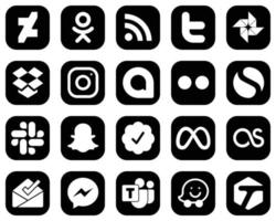 20 iconos modernos de medios sociales blancos sobre fondo negro, como la insignia verificada de Twitter. flojo. instagram. iconos simples y flickr. alta definición y único vector