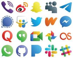 iconos degradados para el popular paquete de 20 redes sociales como tweet. compartir diapositivas. iconos de myspace y señal. alta definición y único vector