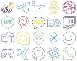 20 íconos de redes sociales de contorno colorido simple y minimalista, como twitch. profesional. behance y pinterest versátil y de alta calidad vector