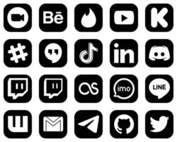 20 íconos de medios sociales blancos de alta calidad sobre fondo negro, como Linkedin. China. pedal de arranque. íconos de video y tiktok. personalizable y único vector