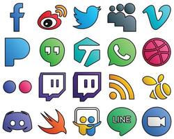 20 Innovative icons flickr. whatsapp. tweet. tagged and pandora Filled Line Style Social Media Icon Set vector