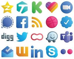 20 Gradient Social Media Icons for Popular Brands such as rss. fb. video. facebook and mesenger icons. Creative and eye catching vector