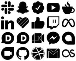 20 íconos creativos de redes sociales con glifos negros, como Google Meet. Facebook. Linkedin. iconos meta y facebook. minimalista y personalizable vector