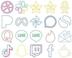 20 íconos de redes sociales de contorno colorido totalmente editables y versátiles, como Tinder. pregunta. facebook y quora versatil y premium vector
