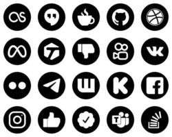 20 íconos simples de medios sociales blancos sobre fondo negro como messenger. Yahoo. Facebook. iconos de flickr y kuaishou. minimalista y profesional vector