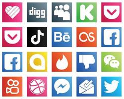 20 íconos versátiles de redes sociales como Tinder. video. iconos fb y lastfm. minimalista y personalizable vector