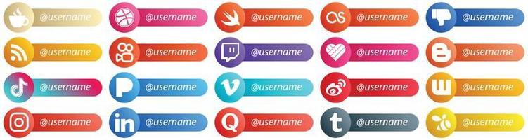 20 Follow me Social Network Platform Card Style Icons such as video. tiktok. rss. blog and likee icons. Elegant and minimalist vector