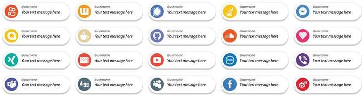 20 estilo de tarjeta simple sígueme íconos de redes sociales con mensajes personalizables como soundcloud. Desbordamiento. Iconos de streaming y Google Allo. versátil y de alta calidad vector