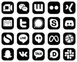 20 iconos de medios sociales blancos limpios sobre fondo negro como skype. mensajero xing iconos de señal y twitter. versátil y de alta calidad vector