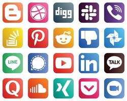 20 elegantes íconos de redes sociales como línea. Facebook. desbordamiento de existencias. Iconos de disgusto y pinterest. limpio y minimalista vector