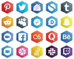 25 íconos blancos simples como facebook. Insignia verificada de Twitter e íconos de video. fondos de color plano hexagonal vector