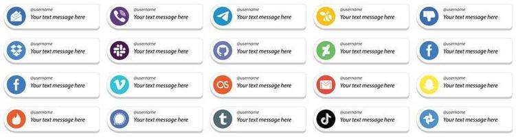 20 estilo de tarjeta elegante sígueme iconos de redes sociales con opción de mensaje personalizado como vimeo. pensión completa. disgusto. iconos de facebook y github. profesional y limpio vector