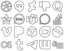 20 Professional Black Line Social Media Icons such as mesenger. tencent. microsoft team and video icons. High-resolution and fully customizable vector