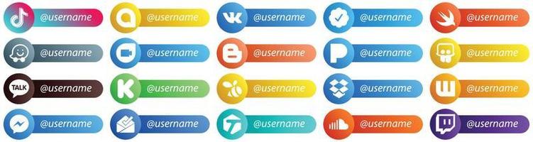 20 iconos únicos de estilo de tarjeta de plataforma de red social sígueme, como financiación. charla kakao. rápido. iconos de slideshare y blog. minimalista y personalizable vector