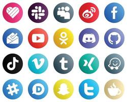 20 elegantes íconos de redes sociales como mensajes. pensión completa. iconos de video y discordia. totalmente personalizable y de alta calidad vector