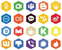 paquete de iconos blancos de color plano hexagonal sina. enjambre. slideshare y kakao talk 20 iconos profesionales vector