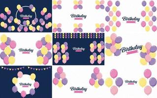 Happy Birthday written in colorful script with streamers and balloons in the background vector