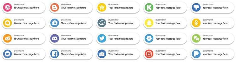 20 estilo de tarjeta moderno sígueme íconos de redes sociales con opción de mensaje personalizado como mensaje. reddit. disgusto. iconos odnoklassniki y waze. minimalista y personalizable vector