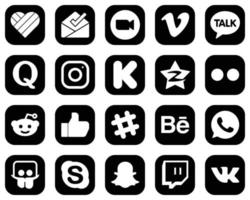 20 Professional White Social Media Icons on Black Background such as tencent. funding. kakao talk. kickstarter and meta icons. High-quality and minimalist vector