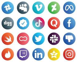 20 íconos de redes sociales para tus diseños como fb. pregunta. insignia verificada de twitter. iconos de quora y china. versátil y de alta calidad vector