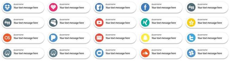 20 estilo de tarjeta minimalista sígueme íconos de redes sociales con mensajes personalizables como correo. gmail. iconos de video y pandora. editable y de alta resolución vector
