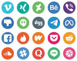20 iconos blancos de facebook de alta calidad. meta. fondos de círculo plano de disgusto y telegrama vector