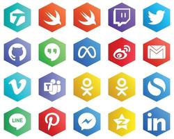 25 Editable White Icons such as video. mail. facebook and email icons. Hexagon Flat Color Backgrounds vector