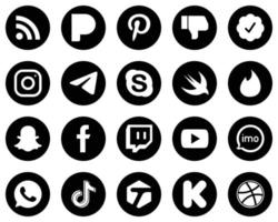 20 íconos de medios sociales blancos de alta calidad sobre fondo negro, como Snapchat. rápido. iconos meta y de chat. creativo y profesional vector