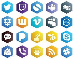 Hexagon Flat Color White Icon Set such as pandora. wattpad. video and imo icons. 25 Modern Icons vector