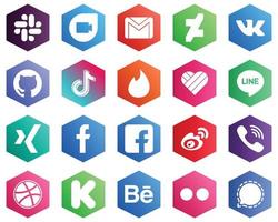 25 íconos blancos limpios como facebook. línea. iconos de tiktok y me gusta. fondos de color plano hexagonal vector