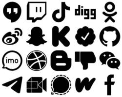 20 Fully Editable Black Solid Icon Set such as github. funding. odnoklassniki and kickstarter icons. Premium and high-quality vector