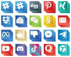 El icono de redes sociales 3d establece 20 iconos como disgusto. transmisión. odnoklassniki. iconos de cafeína y meta. elegante y de alta resolución vector