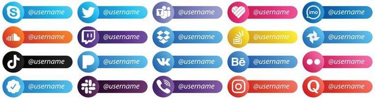 Follow me Social Network Platform Icons with Place for Username 20 pack such as question. dropbox. audio. twitch and sound icons. Fully customizable and high quality vector