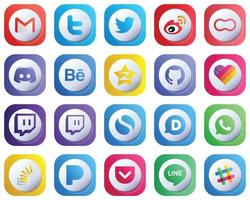 20 lindos íconos de redes sociales elegantes degradados en 3D como qzone. iconos de texto y discordia. moderno y limpio vector
