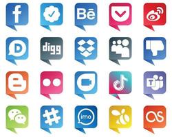 Chat bubble style Social Media Brand Icons 20 pack such as blog. facebook. china. dislike and dropbox icons. Fully editable and unique vector