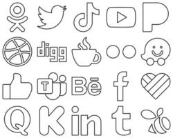 20 Clean and modern Black Line Social Media Icons such as yahoo. youtube. streaming and digg icons. Clean and minimalist vector