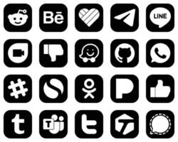 20 íconos creativos de redes sociales en blanco sobre fondo negro, como me gusta. odnoklassniki. disgusto. iconos simples y de whatsapp. totalmente editable y versátil vector