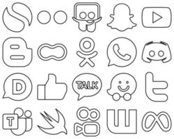 20 Clean Black Outline Social Media Icons such as message. blog. discord and odnoklassniki icons. Versatile and high-quality vector