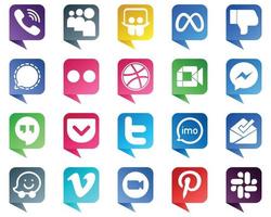 Chat bubble style Icons for Major Social Media 20 pack such as google meet. facebook. dribbble and flickr icons. Fully customizable and high quality vector