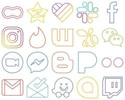 20 íconos de redes sociales de contorno colorido de alta resolución como wechat. Wattpad. Facebook. tinder y meta totalmente personalizables y de alta calidad vector