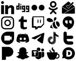 20 conjunto de iconos sólidos negros profesionales, como texto. discordia. meta. dúo de google e iconos de enjambre. llamativo y de alta calidad vector