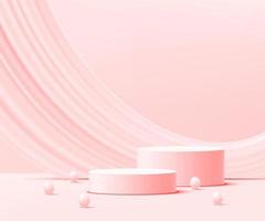 abstract red and pink realistic 3D cylinder pedestal podium set liquid curve shape backdrop with grey and pink beads luxury minimal scene for product display presentation rendering geometric platform photo