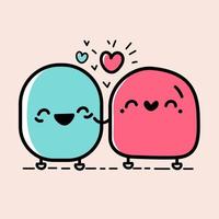 Hand drawn valentines day couple of hearts smiling love doodle drawings valentine kawaii cartoon illustration vector