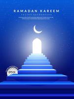 la escalera azul conduce a la puerta de la mezquita en un cielo nocturno lleno de estrellas y una luna, fondo de ramadan kareem. ilustración vectorial vector
